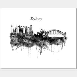 Sydney Black and White Watercolor Skyline Posters and Art